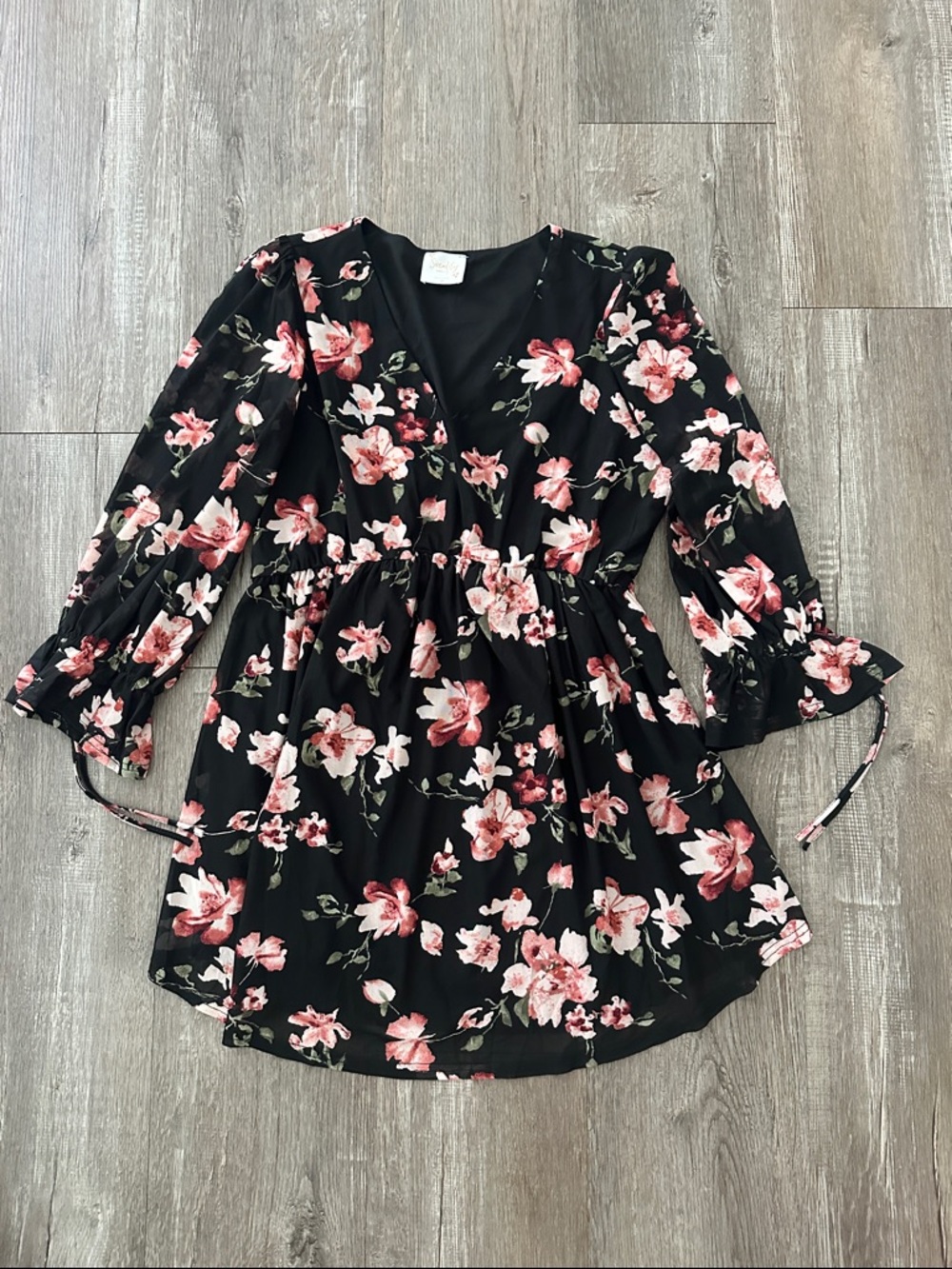 Maternity Black Floral V-Neck Long Sleeve Blouse Dress with Pink Flowers